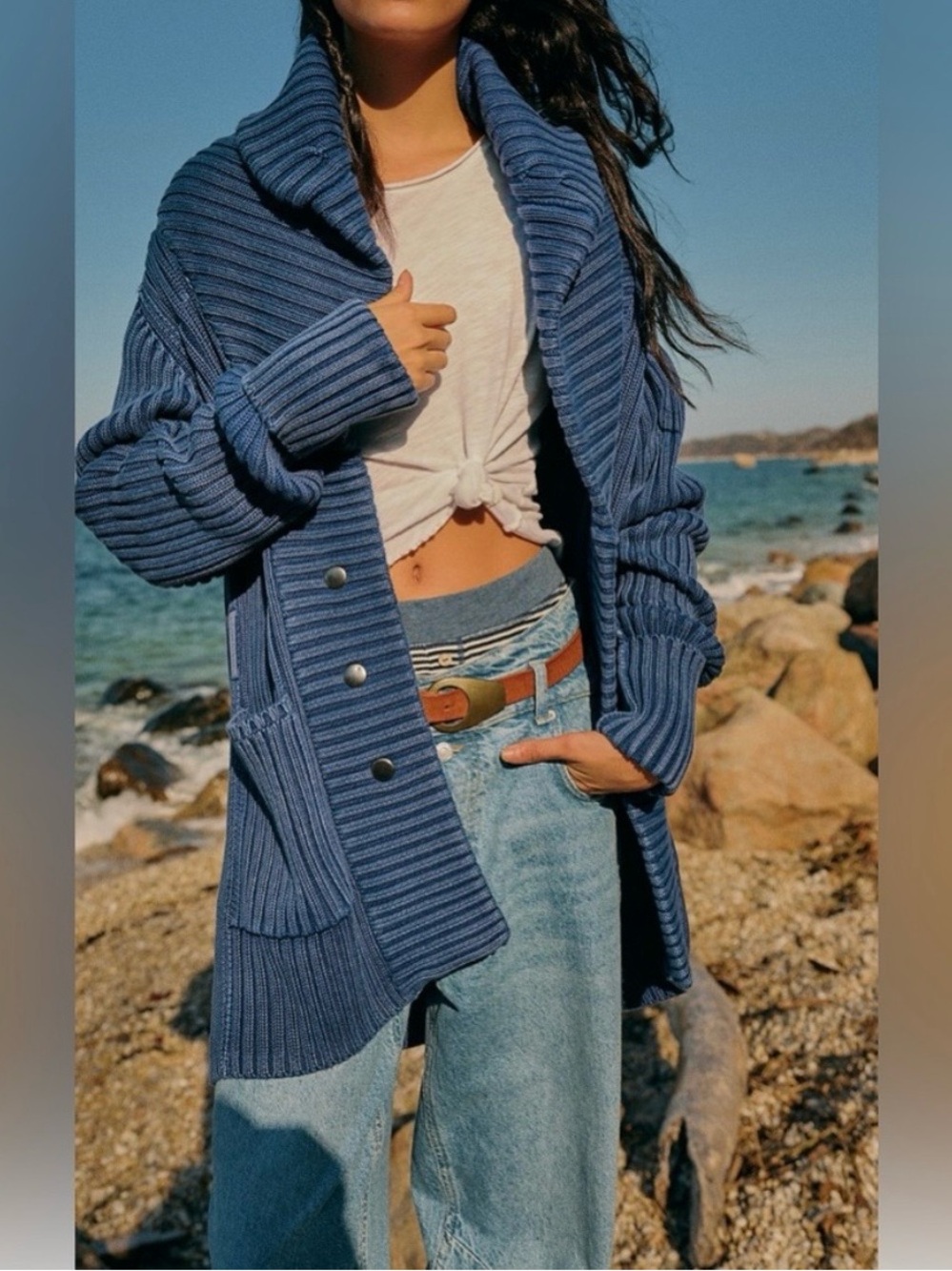 Navy blue Free People Ryanne Long Haul Ribbed Cardigan sweater XS 100% cotton